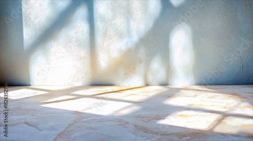 Abstract light and shadow play on a textured wall and marble floor, suggesting a bright, airy interior space illuminated by natural sunlight.
