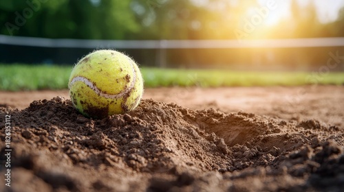 A close-up shot of a dirty tennis ball resting on the clay surface of a tennis court, with a bright sun flare in the background.