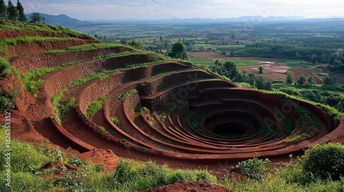 A unique geological formation featuring concentric, terraced earthworks on a hillside, leading to a deep, circular sinkhole. The background shows a vast agricul
