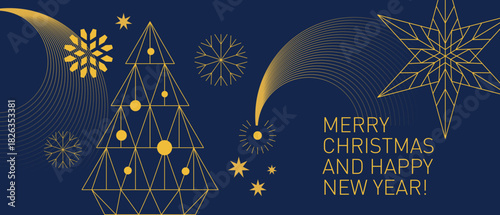 Christmas and New Year modern geometric design, horizontal christmas ornament with snowflakes, christmas tree, star and decorative geometric elements. Line art 