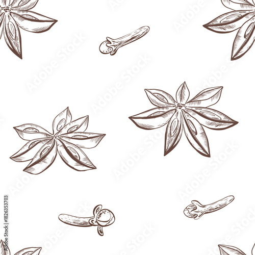 Graphic seamless pattern of star anise,cloves spice in black and white vector hand drawn illustration for spice packaging,culinary,herbal-themed designs.Natural texture with minimalistic elegance