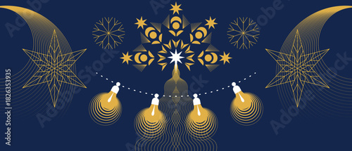 Christmas wonderful decoration, horizontal christmas ornament with snowflakes, christmas tree, garland, stars and decorative geometric elements	
