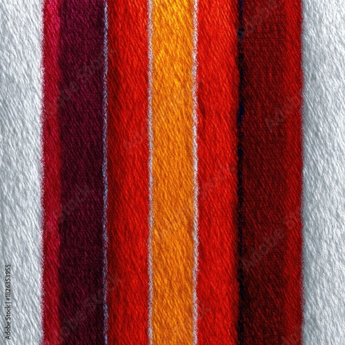 A close-up, full-frame view of a textured fabric featuring vertical stripes in shades of white, deep red, orange, and yellow. The lighting highlights the woven