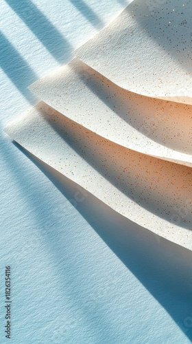 Close-up of layered textured paper with subtle gold glitter, illuminated by soft sunlight creating dramatic shadows.