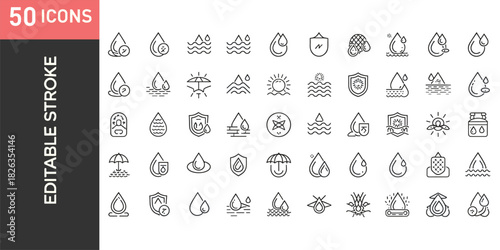 Minimal line art water drop and moisture protection icon set featuring hydration, purity, climate symbols, editable stroke vector design elements.
