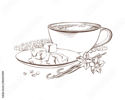 Classic coffee cup with caramel cubes on saucer,vanilla pods and blossoms scattered coffee beans.Monochrome graphic clipart with ink lines and textures for cafe branding and packaging
