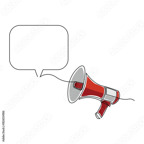 Continuous line sketch drawing of megaphone speaker with bubble chat. Single line art of sound tool equipment editable stroke vector illustration