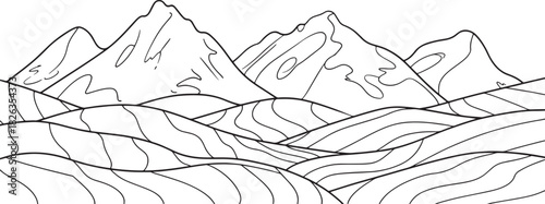 A minimalist line art landscape of mountains and rolling hills with contour lines.