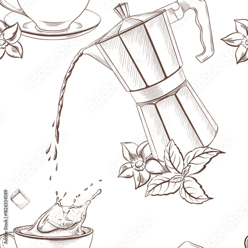 Coffee shop seamless pattern of metal geyser coffee maker with a stream of hot aromatic coffee with mint leaves and vanilla flower,coffee cup with splashing liquid as a sugar cube drops inside