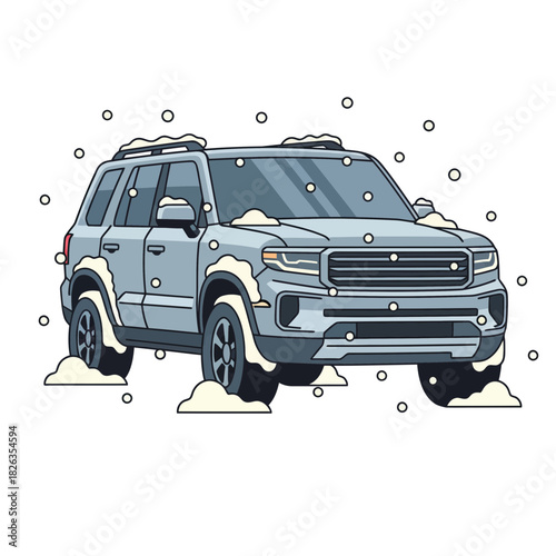 Steel Grey SUV with Snow — Winter Flat Vector Illustration