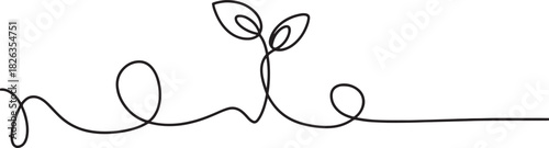 A minimalist continuous line drawing of a small sprout with two leaves emerging.