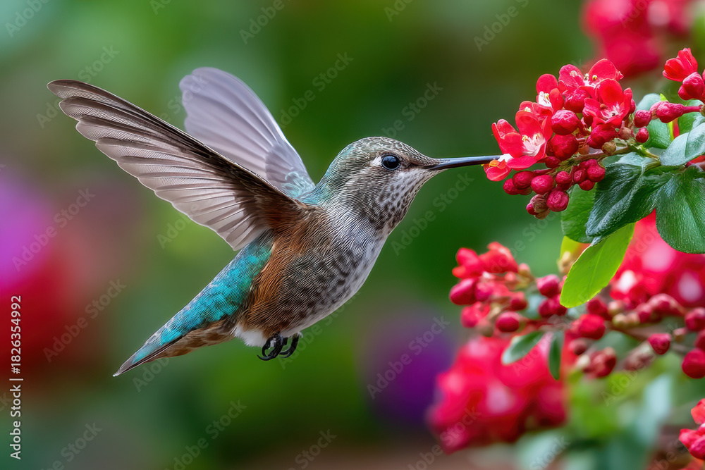 Fototapeta premium Hummingbird in Flight Nectar Feeding Red Blossoms Green Background