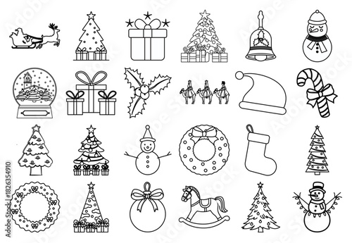 Hoja de iconos de línea de navidad y año nuevo monocromáticos