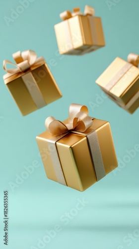 Flying golden gift boxes on turquoise background for celebrations and gift ideas