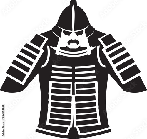 Minimal silhouette style vector samurai armor logo design featuring bold black shapes, traditional warrior elements, clean line art, strong cultural symbolism, modern branding icon perfect for martial