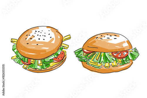 Hamburgers colored sketch. Illustration with sandwiches with salad, potatoes and cheese. Vegetarian Shawarma, barbecue. Design elements for fast food, BBQ menu. Meat, butcher shop. Hand drawn vector