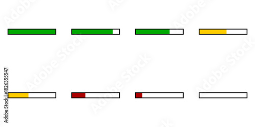 8 Frame Sprite Sheet of a Draining Health Bar Icon Set with Green, Yellow and Red Steps and Outline for Game UI Animation. Vector Image.