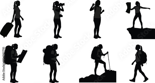 Silhouettes of women engaged in various travel and outdoor activities, including hiking, photography, and carrying luggage, isolated on white