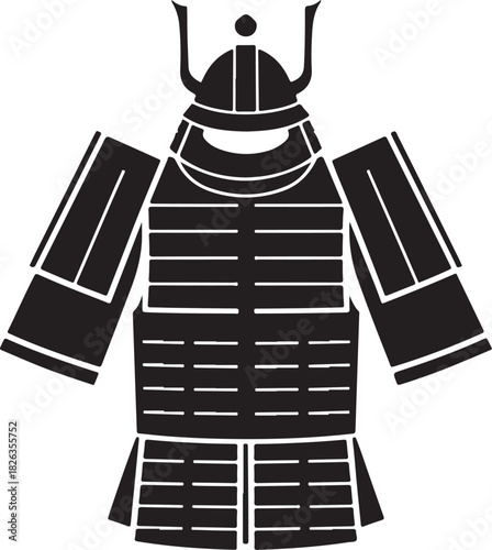 Minimal silhouette style vector samurai armor logo design featuring bold black shapes, traditional warrior elements, clean line art, strong cultural symbolism, modern branding icon perfect for martial