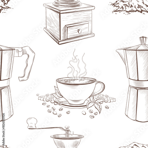 Seamless pattern for coffee shop geyser coffee maker,handmade wood coffee grinder for crushing ccoffee beans,handful of ground coffee,cup of hot coffee on saucer with mint leaves and chocolate bar