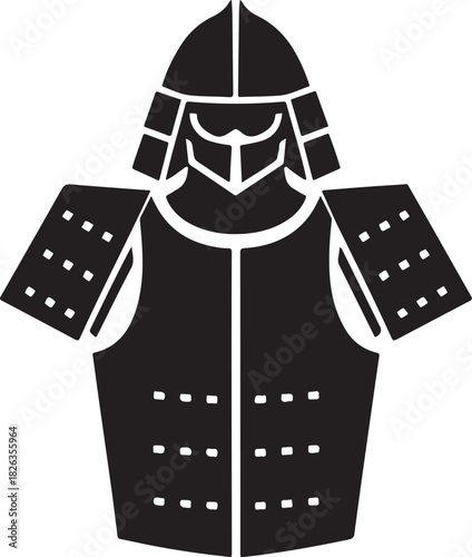Minimal silhouette style vector samurai armor logo design featuring bold black shapes, traditional warrior elements, clean line art, strong cultural symbolism, modern branding icon perfect for martial