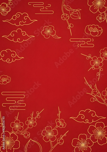 Celebrate Lunar New Year with this vibrant red and gold pattern featuring plum blossoms and auspicious clouds for festive designs and invitations