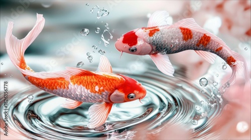 Two colorful koi fish swim gracefully through clear, rippling water, surrounded by rising bubbles. The scene is illuminated with soft, diffused light, creating