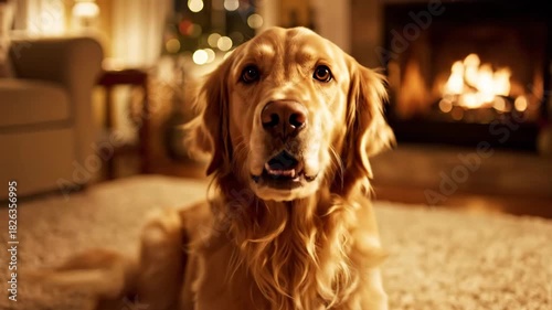 Golden retriever relaxing by a cozy fireplace during winter evening
