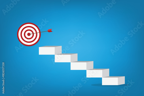 Climb up stairs to reach goal target on the top. Goal, progress, motivation to success. 