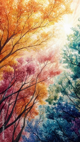 A low-angle view looking up at tree branches with leaves in a spectrum of vibrant colors, from orange and pink to blue and green, illuminated by bright sunlight
