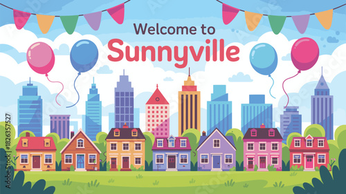 Welcome banner illustration featuring a colorful town skyline and festive balloons
