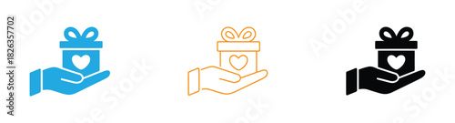 Charity Donation and Gift Icons Set. A hand icon holding a heart, symbolizing love, care, and support. 