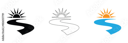 River vector icon illustration design. Village hills logo mountain sunrise pine tree river valley design nature.