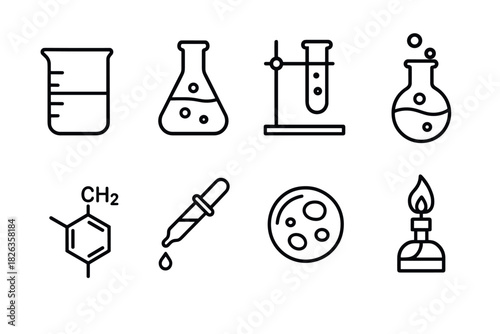 Minimalist line icons of chemistry lab equipment and molecular structures