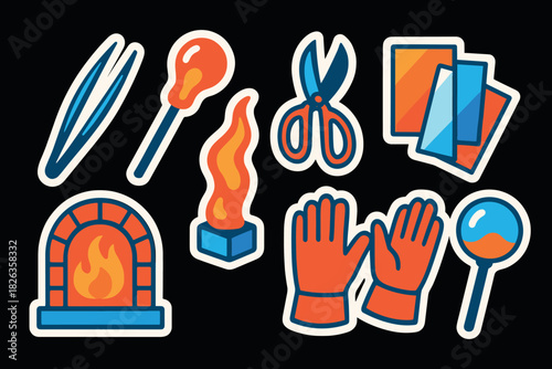 Colorful sticker set of crafting and glassblowing tools on black background