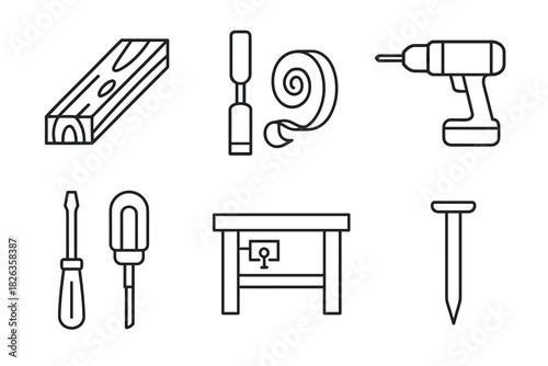 Set of linear carpenter tools icons for woodworking and diy projects