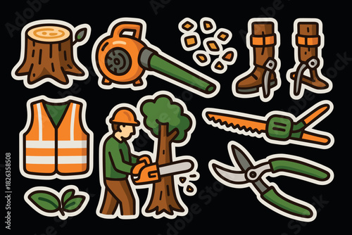Tree cutting and gardening equipment stickers with worker and safety gear