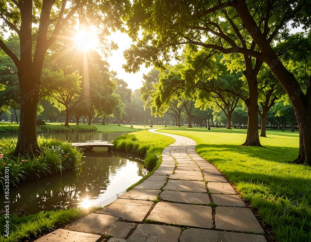 Fototapeta premium Serene park path at sunrise