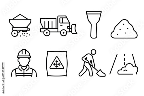 Winter road maintenance icons: outline style for construction and snow removal