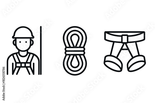 Climbing gear icons: harness, rope, helmet in linear design
