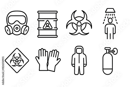 Linear icons of biohazard safety equipment and symbols