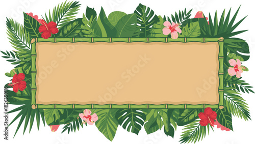 Tropical floral bamboo frame with vibrant green leaves and hibiscus flowers, blank banner background for summer themes, exotic decorative border design