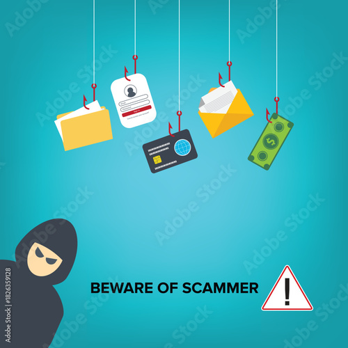 Beware, hacker, scammer in front of his computer committing digital cybercrime	