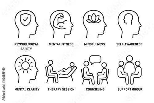 Icons depicting mental health concepts and therapy sessions in linear style
