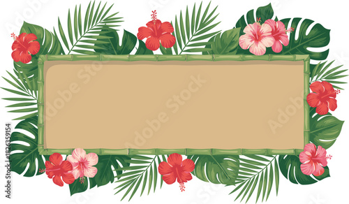 Tropical floral bamboo frame with vibrant green leaves and hibiscus flowers, blank banner background for summer themes, exotic decorative border design