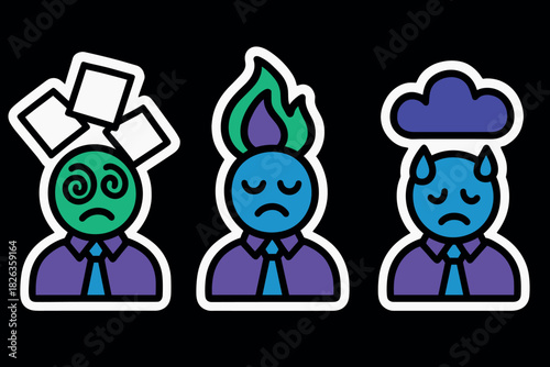 Expressive cartoon emojis depicting stress, anger, and sadness in bold colors