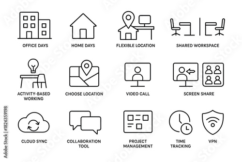 Modern workplace icons: flexible locations and remote tools for efficient collaboration