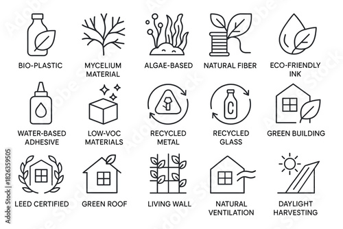 Sustainable materials and practices icons: eco-friendly design elements in linear style