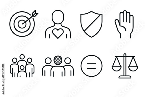 Minimalist icons of target, person with heart, shield, hand, group, equality symbol, and scales