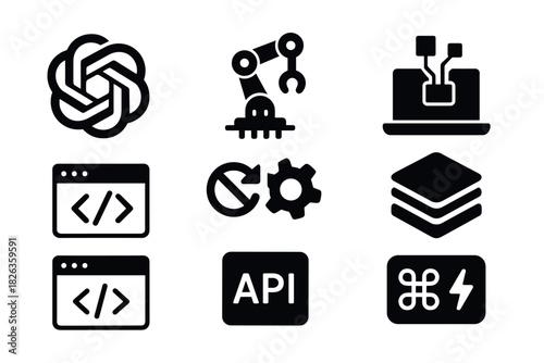 Technology icons: coding, automation, api, and networking symbols in bold style